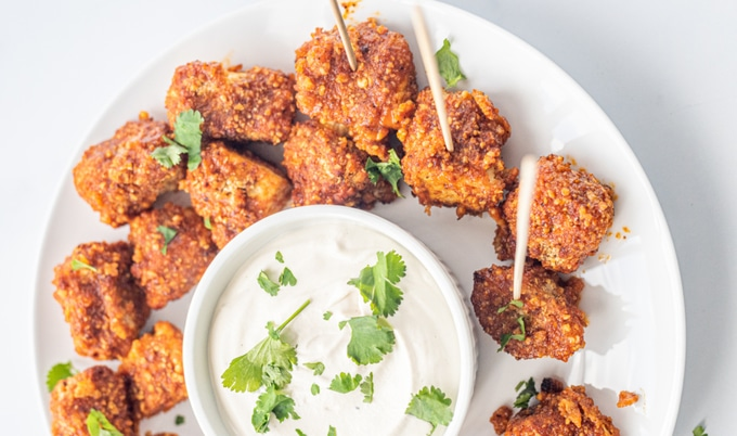 VEGAN AIR-FRYER BUFFALO TOFU POPPERS